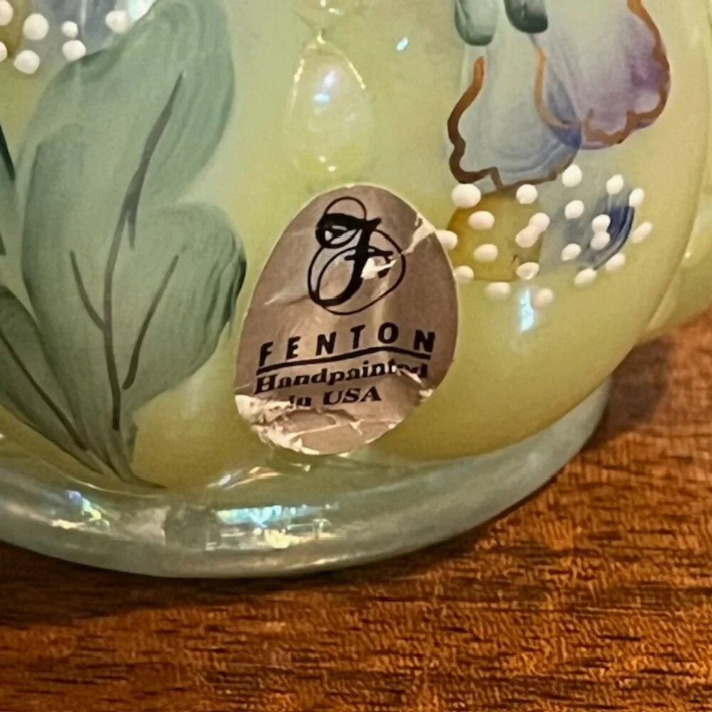 Fenton Iridized Sea Green Beaded Melon Pansies Vase Signed Frank & Tom Fenton